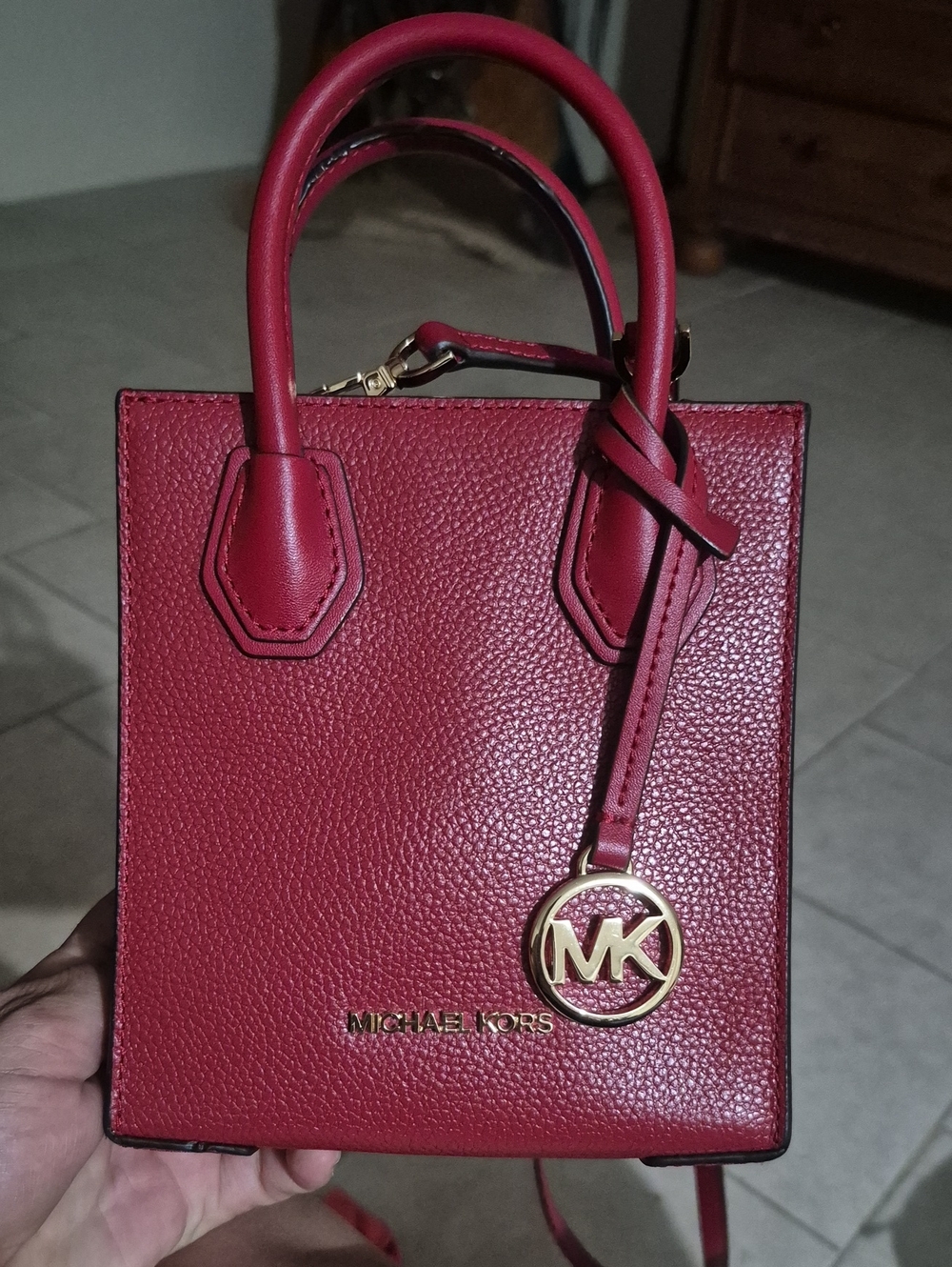 Michael Kors Red Pebbled Leather Mini Tote with Gold MK Charm